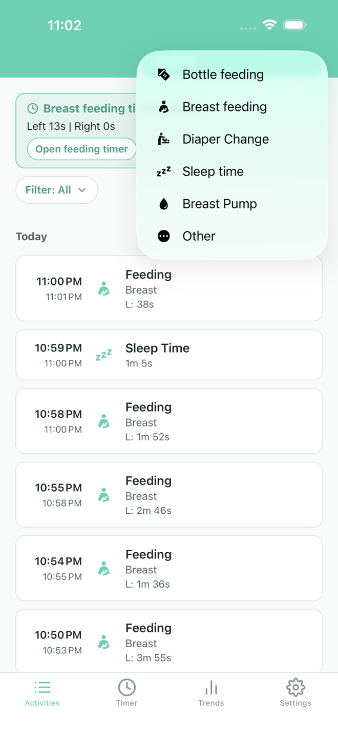 BoobieTime quick add menu with bottle feeding, breastfeeding, diaper change, sleep time, breast pump, and other activity options.
