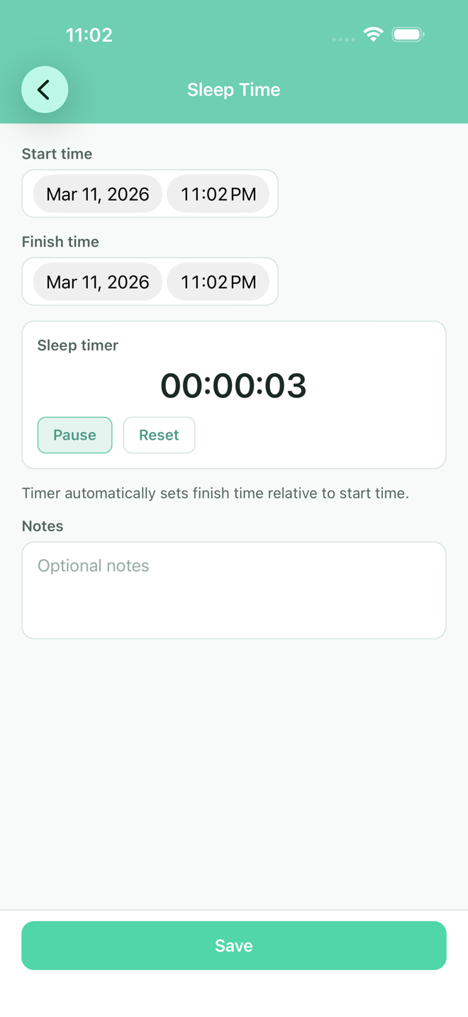 BoobieTime sleep timer screen with a running timer and save controls.