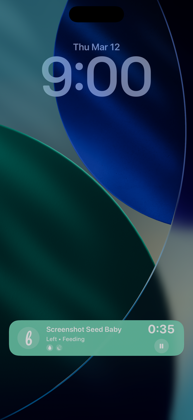 BoobieTime Live Activity on the iPhone lock screen showing a running feeding timer.